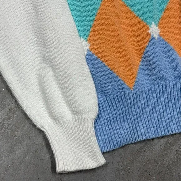 Vintage Pringle of Scotland Colorful Diamond Cotton V-Neck Sweater Knit Small - Picture 3 of 5